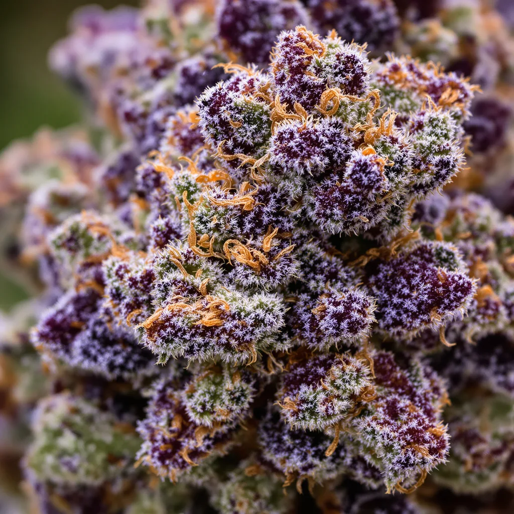 Gros plan de fleur de cannabis Mango Kush montrant calices denses aux reflets violets