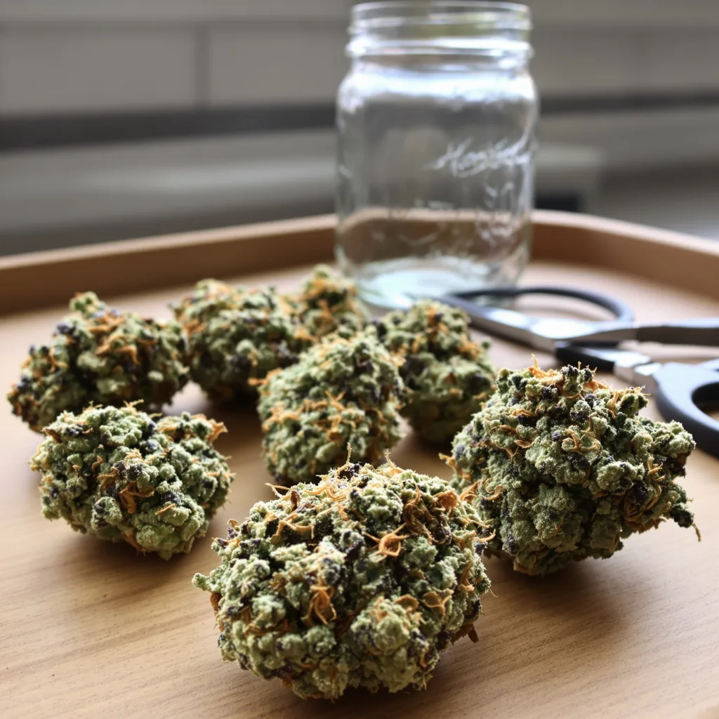 Manitoba Poison 57% indica / 43% sativa — fleur avec trichomes visibles
