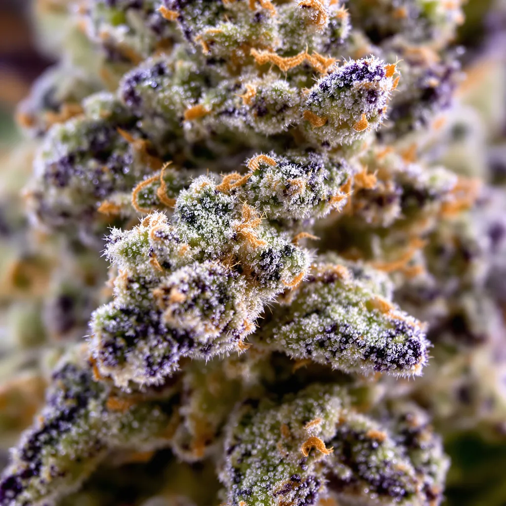 Gros plan de fleur de cannabis Manitoba Poison montrant structure équilibrée avec trichomes givrés