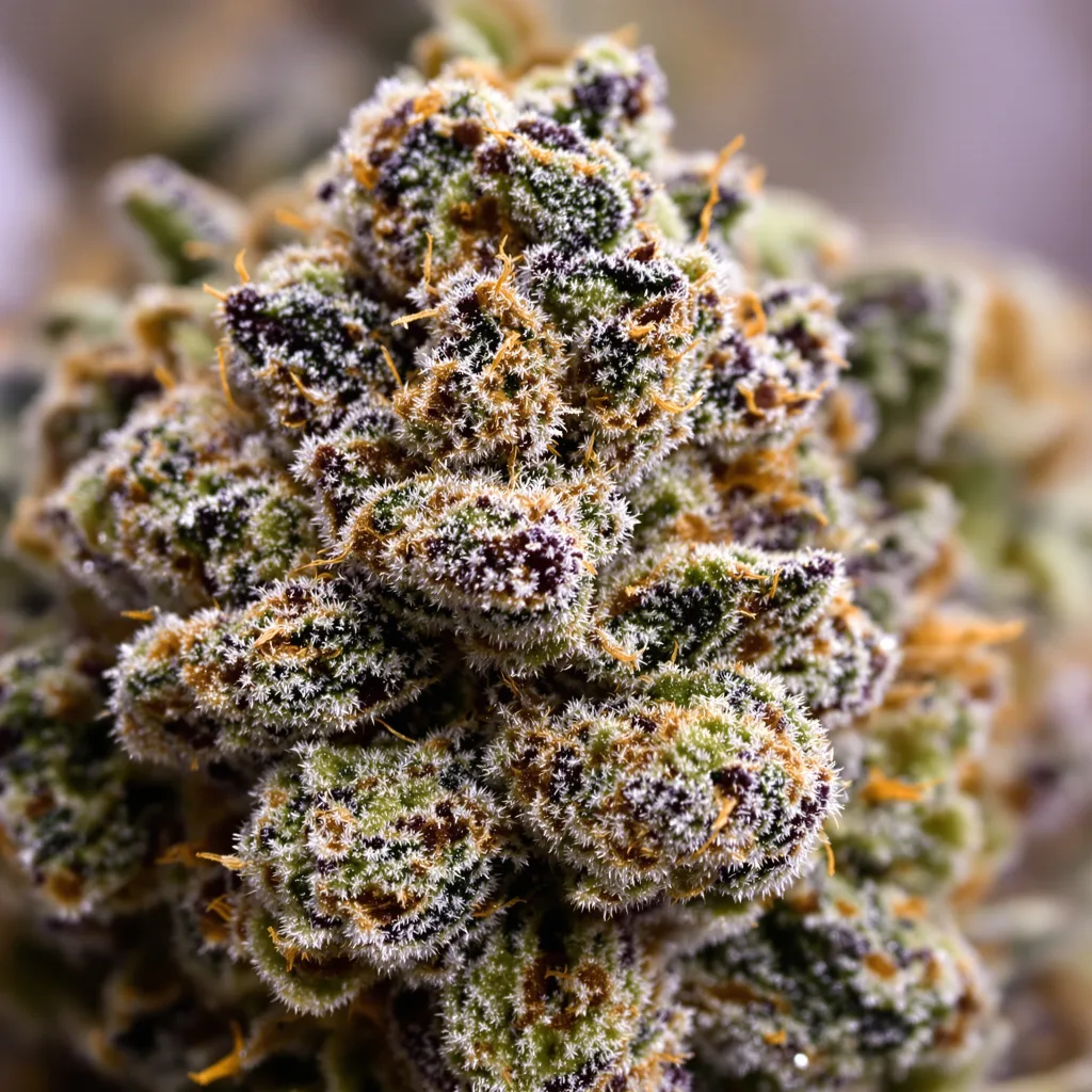 Gros plan de fleur de cannabis Marcosus Marshmellow montrant calices denses aux reflets violets