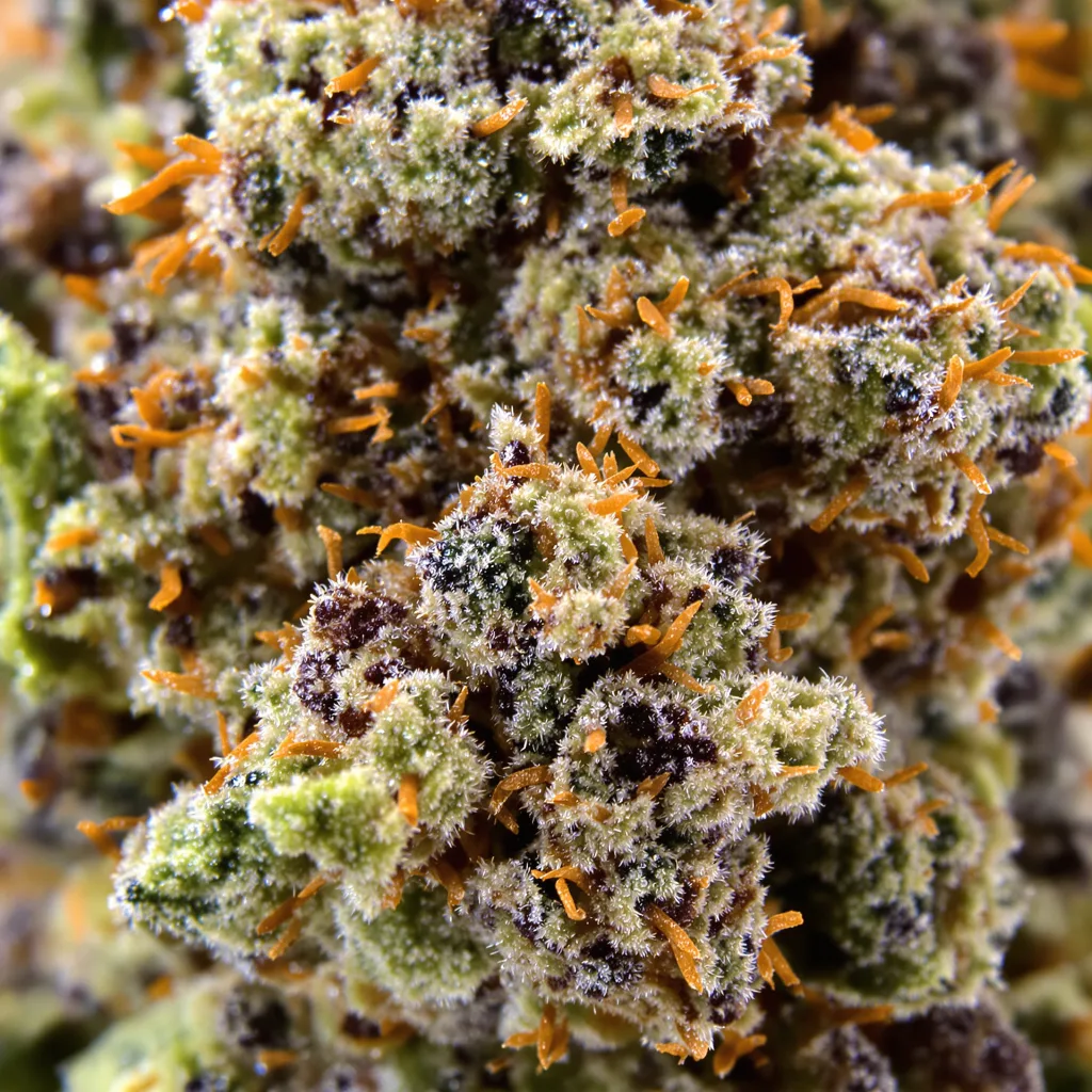 Gros plan de fleur de cannabis Mars OG montrant calices denses aux reflets violets