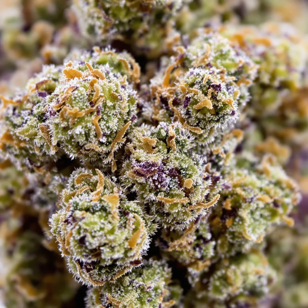Gros plan de fleur de cannabis Master Bubba montrant structure équilibrée avec trichomes givrés