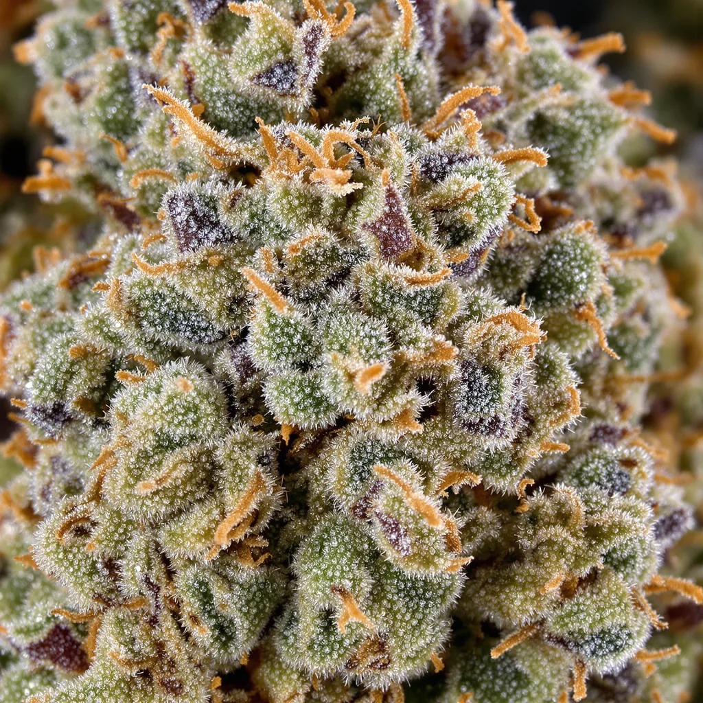 Gros plan de fleur de cannabis Master Jedi montrant structure équilibrée avec trichomes givrés