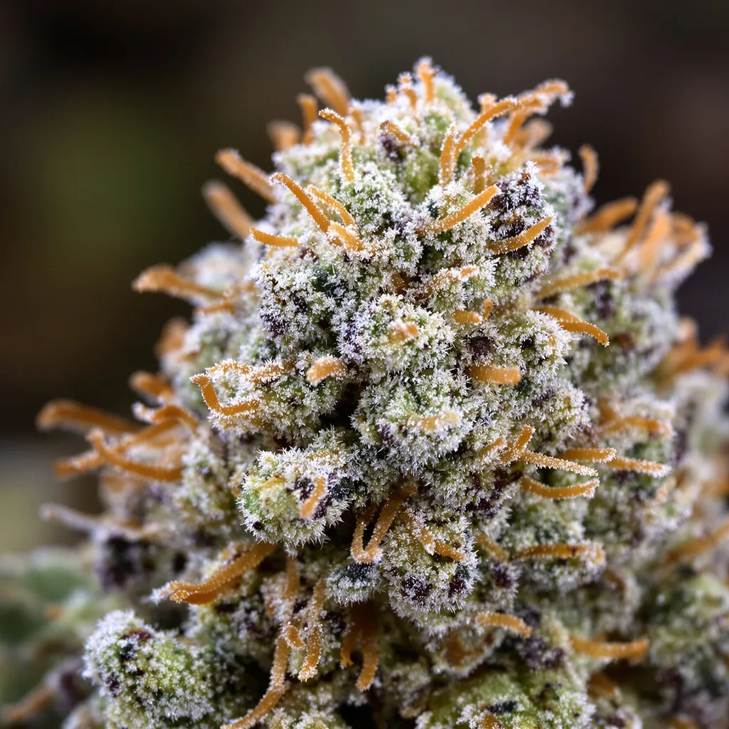Gros plan de fleur de cannabis Master Jedi montrant structure équilibrée avec trichomes givrés