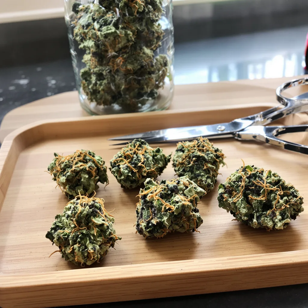 Master Kush 89% indica / 11% sativa — fleur avec trichomes visibles