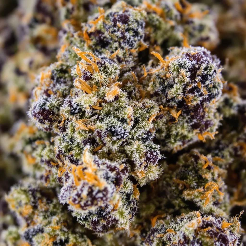 Gros plan de fleur de cannabis Master Kush montrant calices denses aux reflets violets