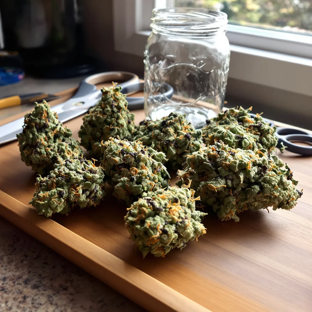 Master Yoda 40% indica / 50% sativa — fleur avec trichomes visibles