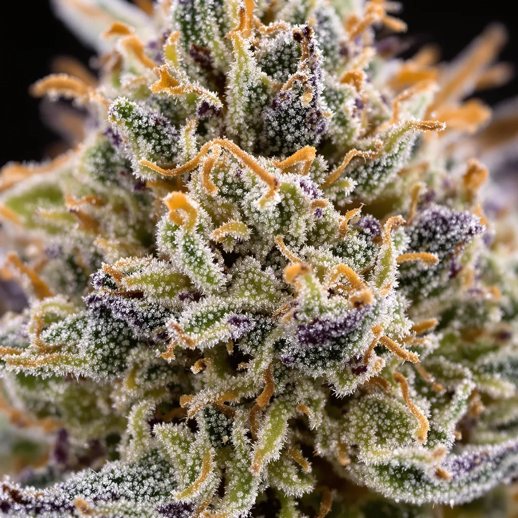Gros plan de fleur de cannabis Master Yoda montrant structure équilibrée avec trichomes givrés
