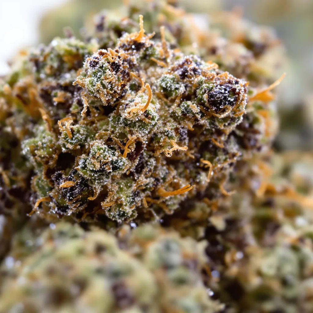 Gros plan de fleur de cannabis Matanuska Thunder Fuck montrant calices denses aux reflets violets