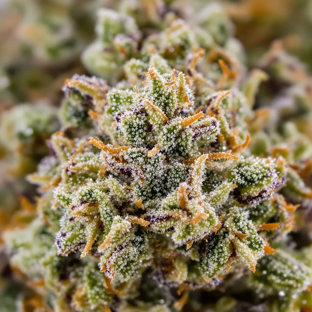 Gros plan de fleur de cannabis Matanuska Tundra montrant structure équilibrée avec trichomes givrés