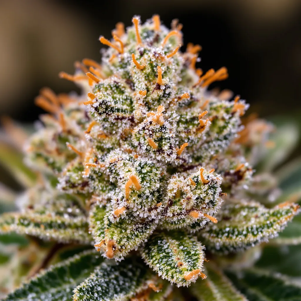 Gros plan de fleur de cannabis Maui Haole montrant structure équilibrée avec trichomes givrés