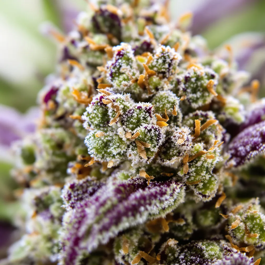 Gros plan de fleur de cannabis Maui Haole montrant structure équilibrée avec trichomes givrés
