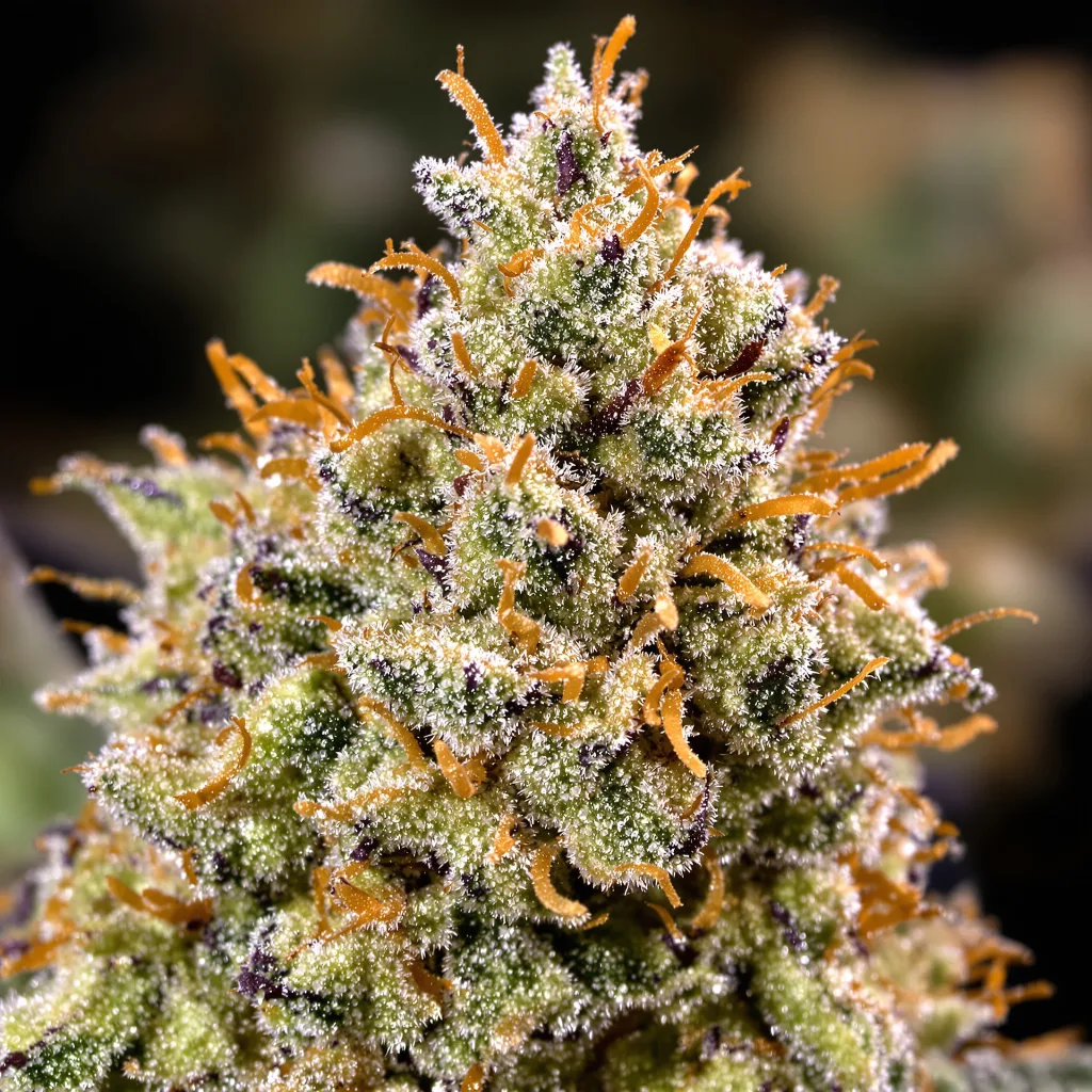 Gros plan de fleur de cannabis Maui Pineapple Chunk montrant structure équilibrée avec trichomes givrés