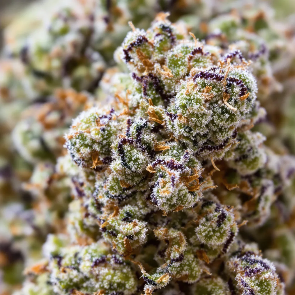 Gros plan de fleur de cannabis Maui Pineapple Chunk montrant structure équilibrée avec trichomes givrés