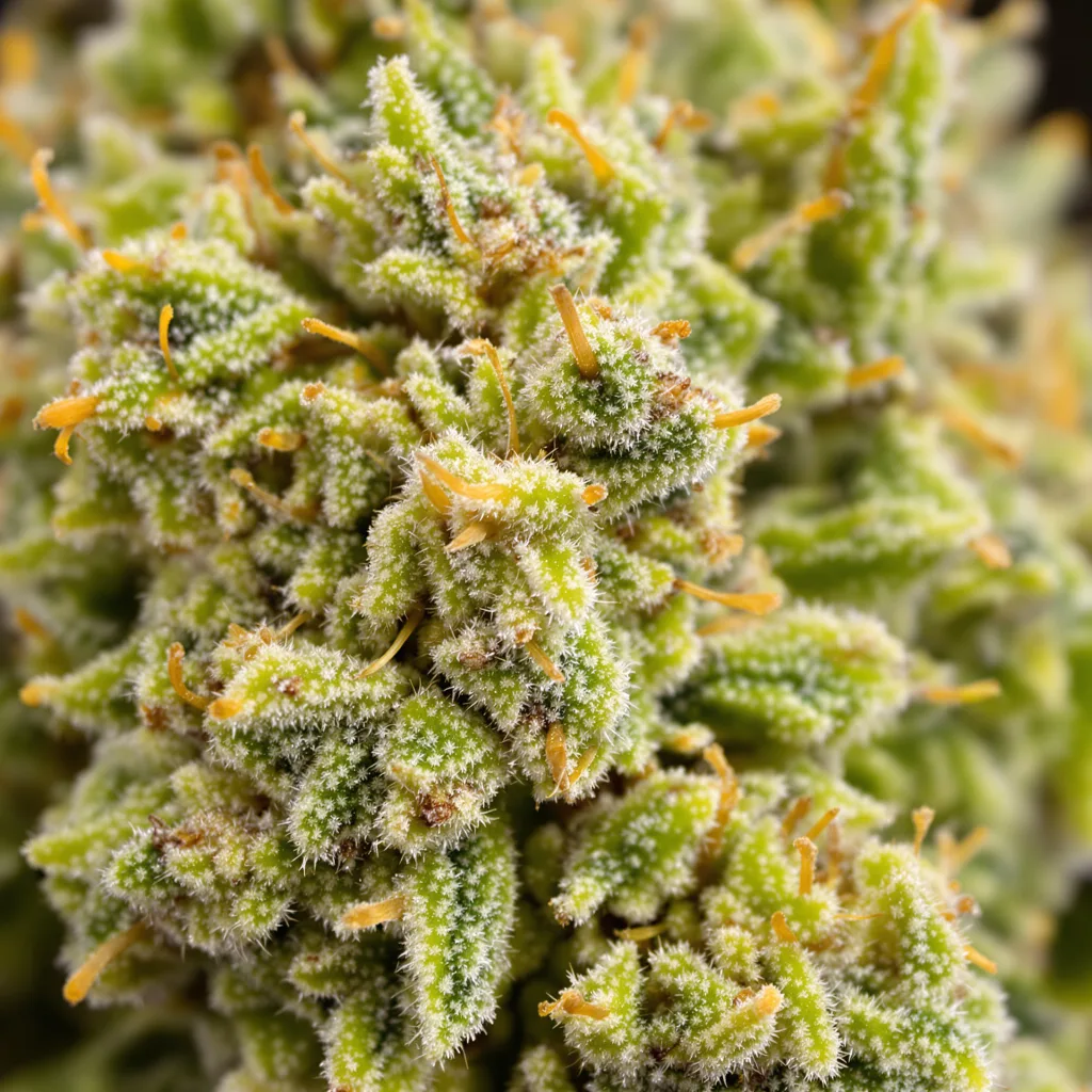 Gros plan de fleur de cannabis Maui Wowie montrant structure aérée vert lime