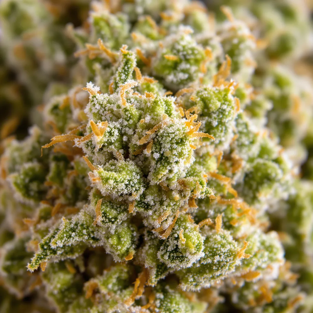 Gros plan de fleur de cannabis Maui Wowie montrant structure aérée vert lime