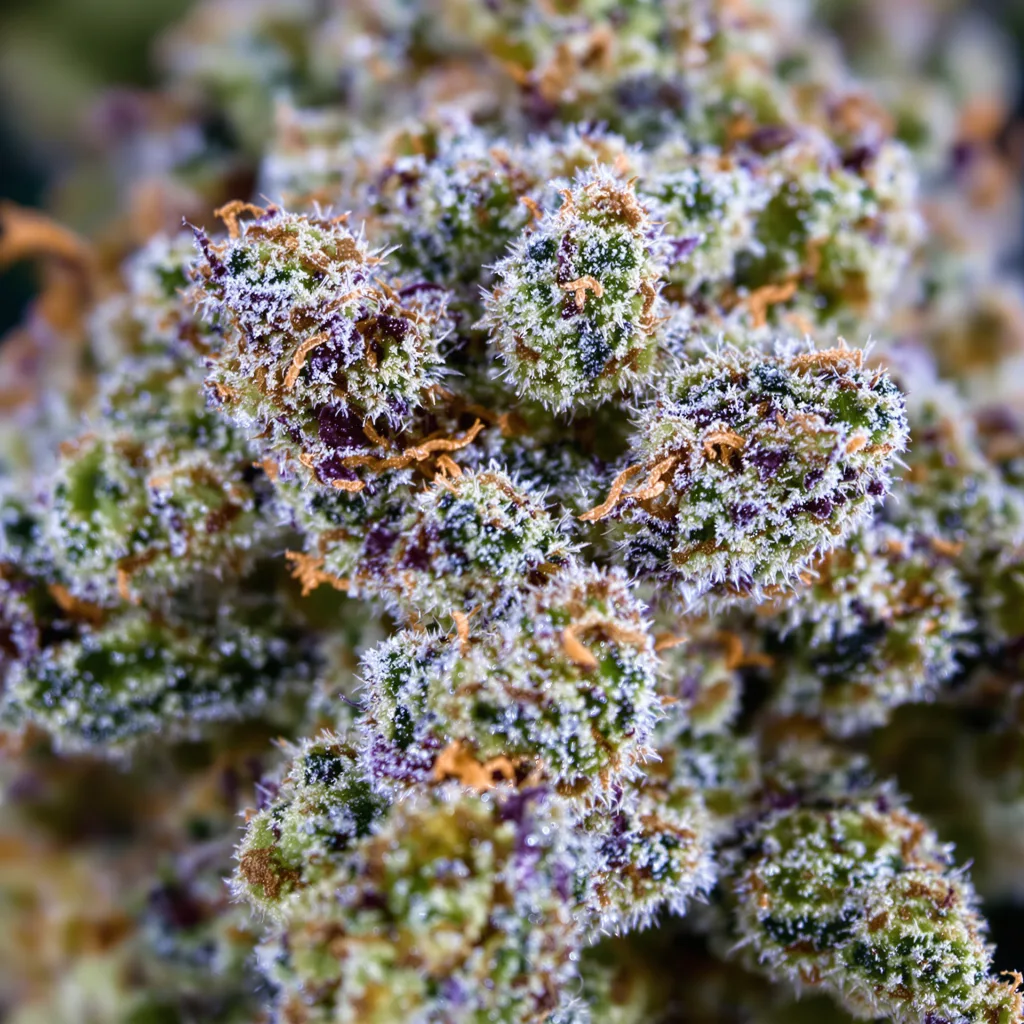 Gros plan de fleur de cannabis Maxi Gom montrant structure équilibrée avec trichomes givrés