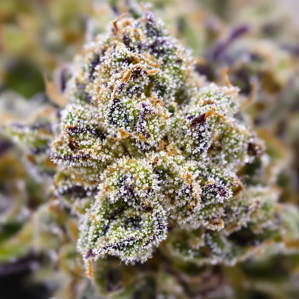 Gros plan de fleur de cannabis Maxi Gom montrant structure équilibrée avec trichomes givrés