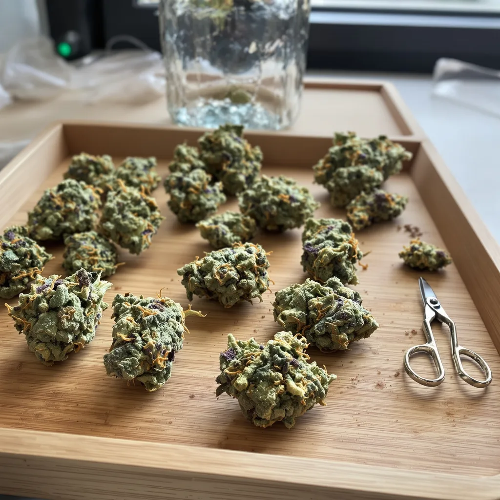 Mazar x Blueberry 39% indica / 61% sativa — fleur avec trichomes visibles