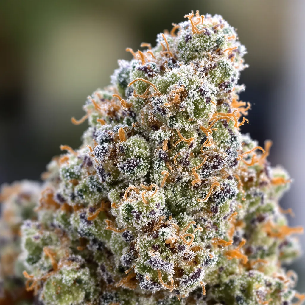 Gros plan de fleur de cannabis Mazar x Blueberry montrant structure ouverte avec pistils orangés