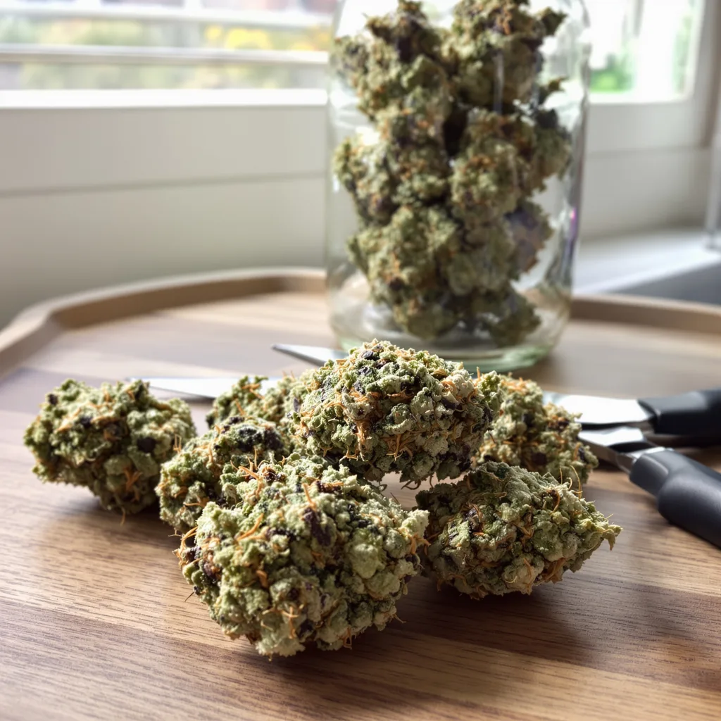 Mazar x Blueberry 39% indica / 61% sativa — fleur avec trichomes visibles