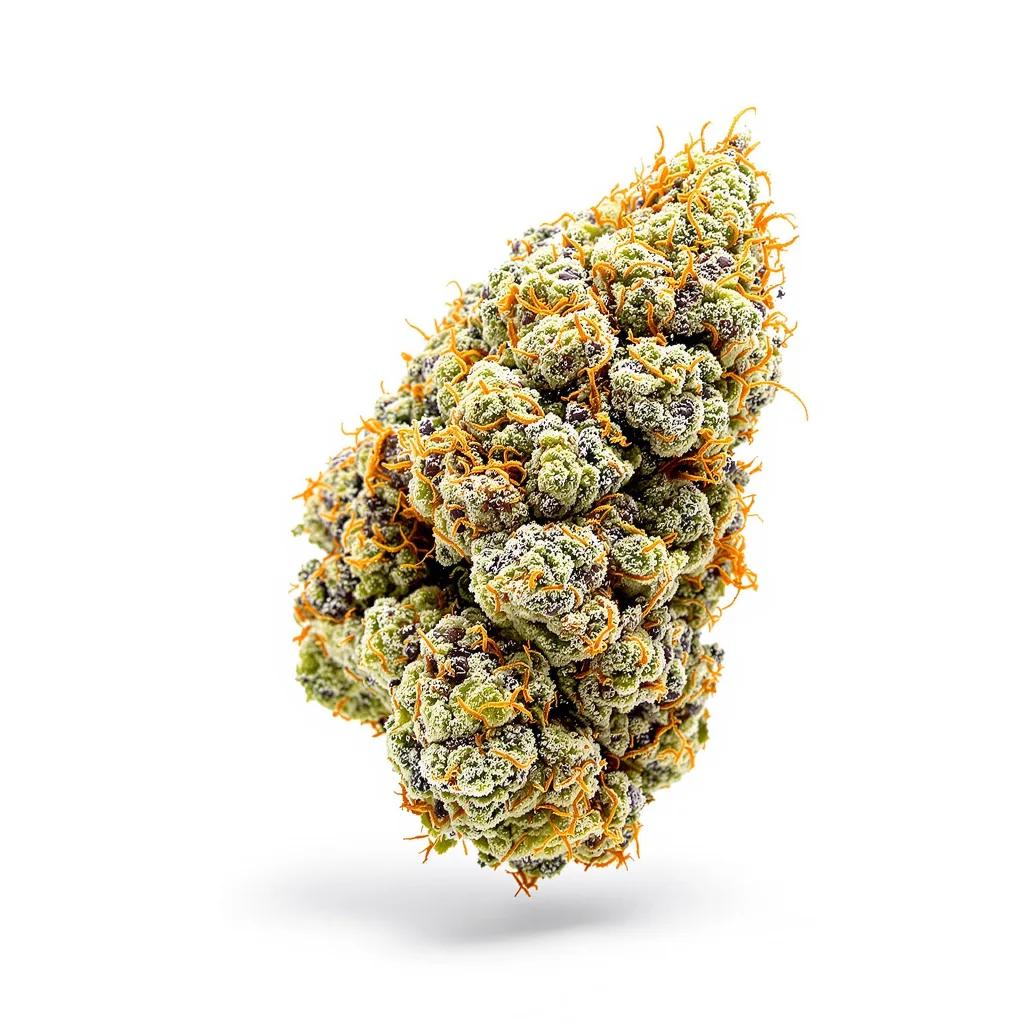 Mazar x Blueberry 39% indica / 61% sativa — fleur avec trichomes visibles