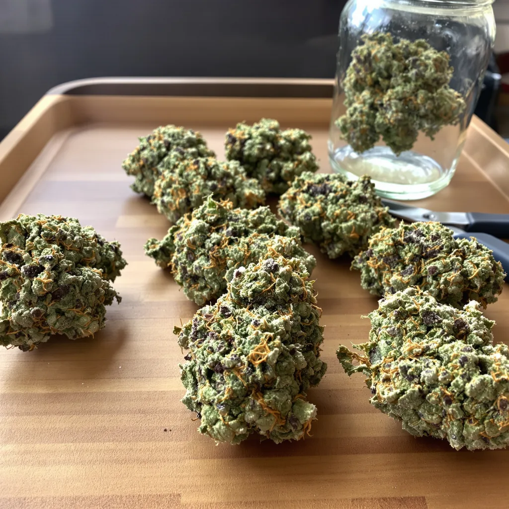 Mean Misty 35% indica / 65% sativa — fleur avec trichomes visibles
