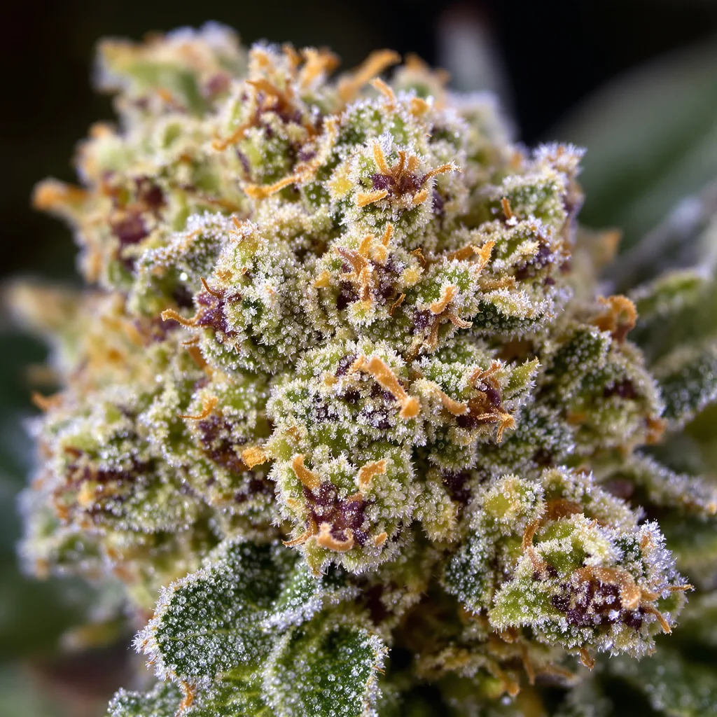 Gros plan de fleur de cannabis Mean Misty montrant structure ouverte avec pistils orangés
