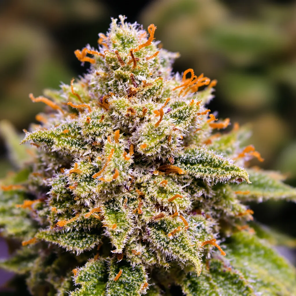 Gros plan de fleur de cannabis Mean Misty montrant structure ouverte avec pistils orangés