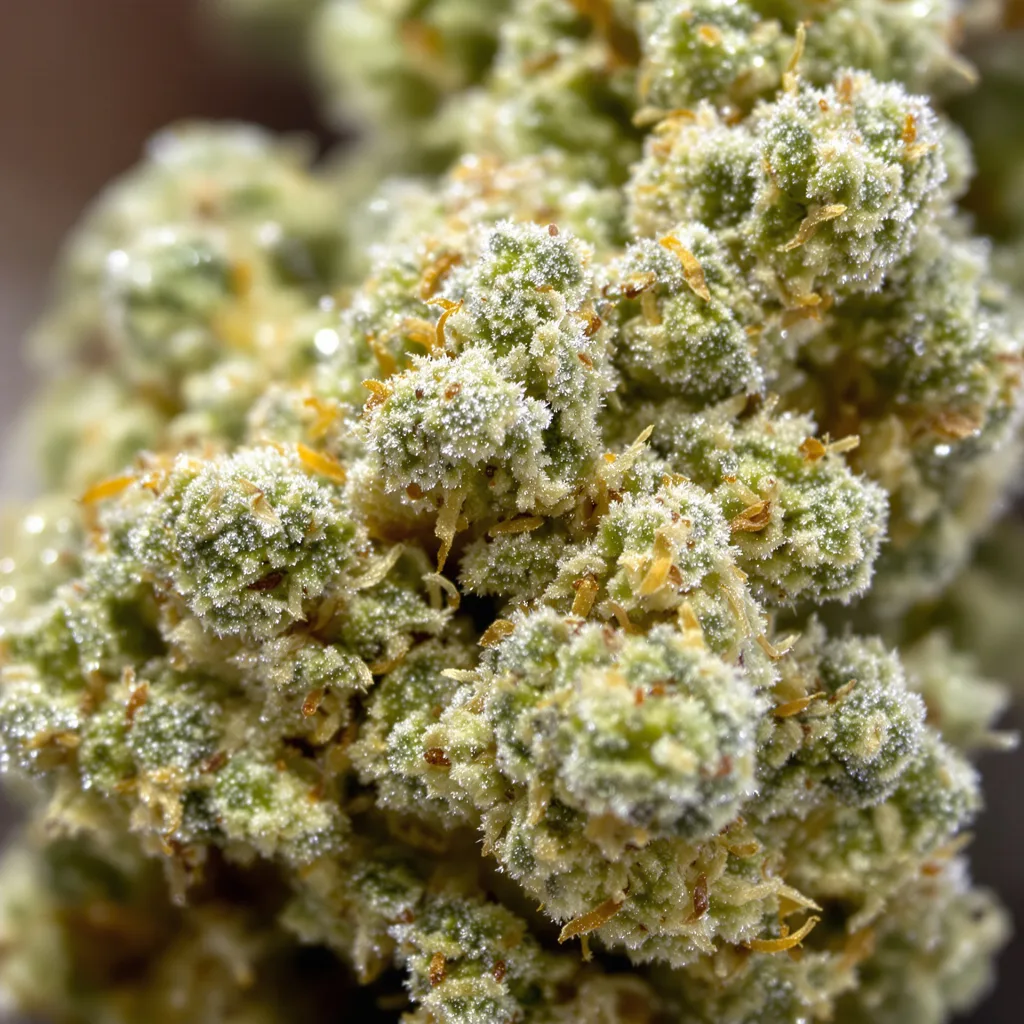 Gros plan de fleur de cannabis MedGom CBD montrant fleur claire à faible résine