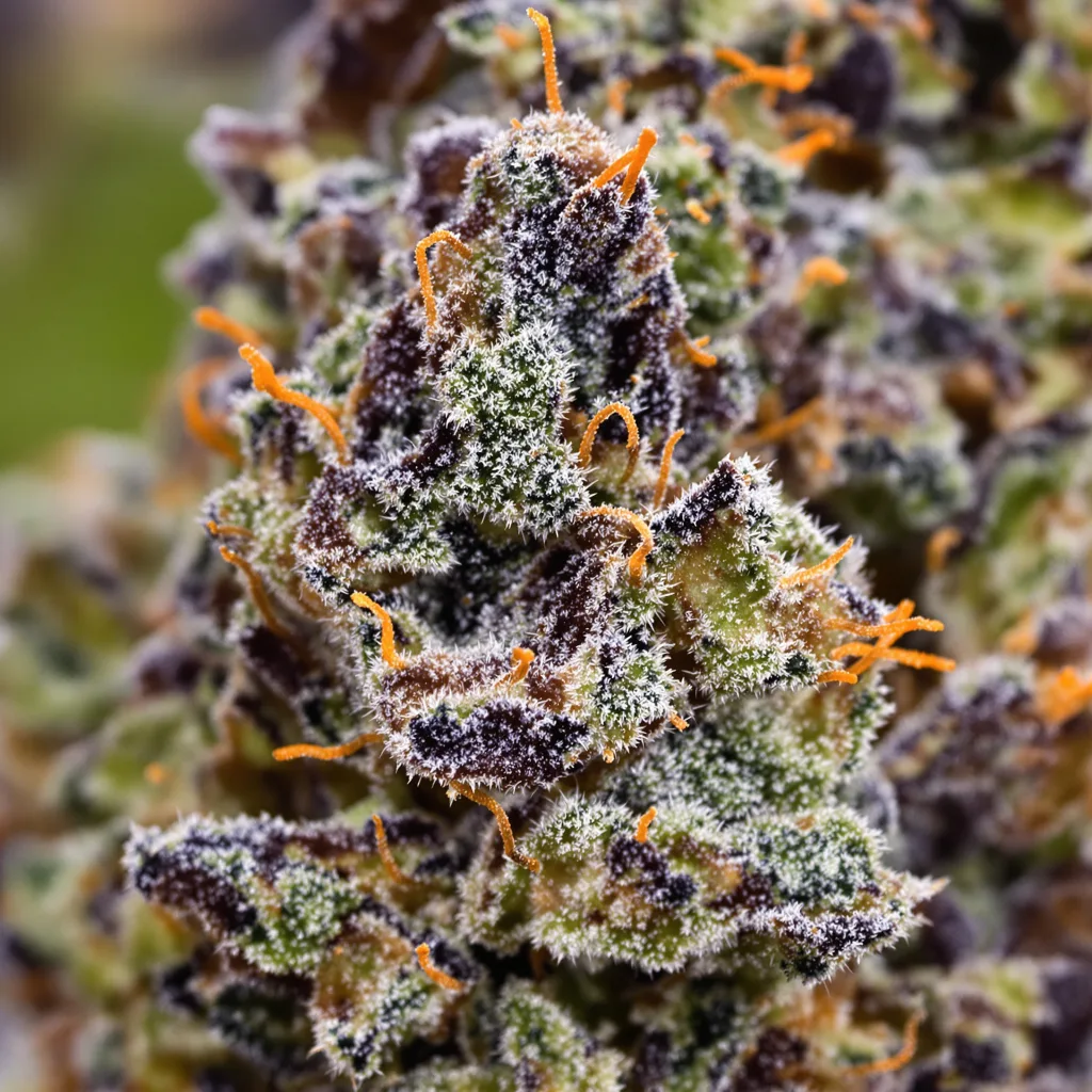Gros plan de fleur de cannabis Medicine Man montrant calices denses aux reflets violets