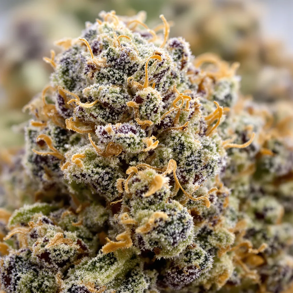 Gros plan de fleur de cannabis Medicine Man montrant calices denses aux reflets violets