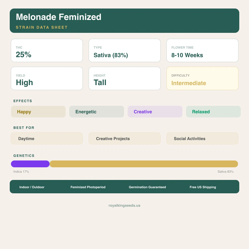 Melonade 17% indica / 83% sativa — fleur avec trichomes visibles