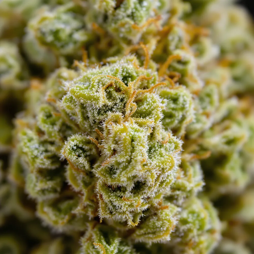 Gros plan de fleur de cannabis Melonade montrant structure aérée vert lime