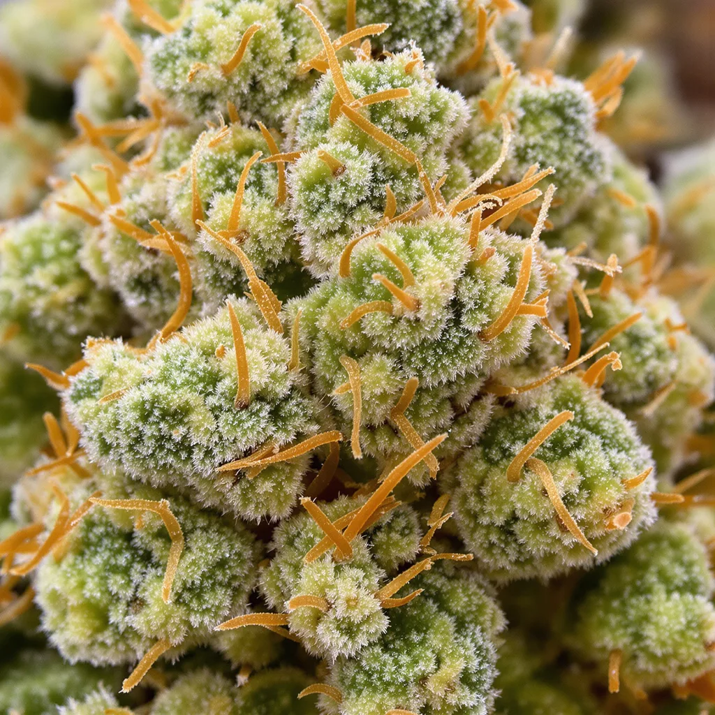 Gros plan de fleur de cannabis Melting Pot montrant structure aérée vert lime