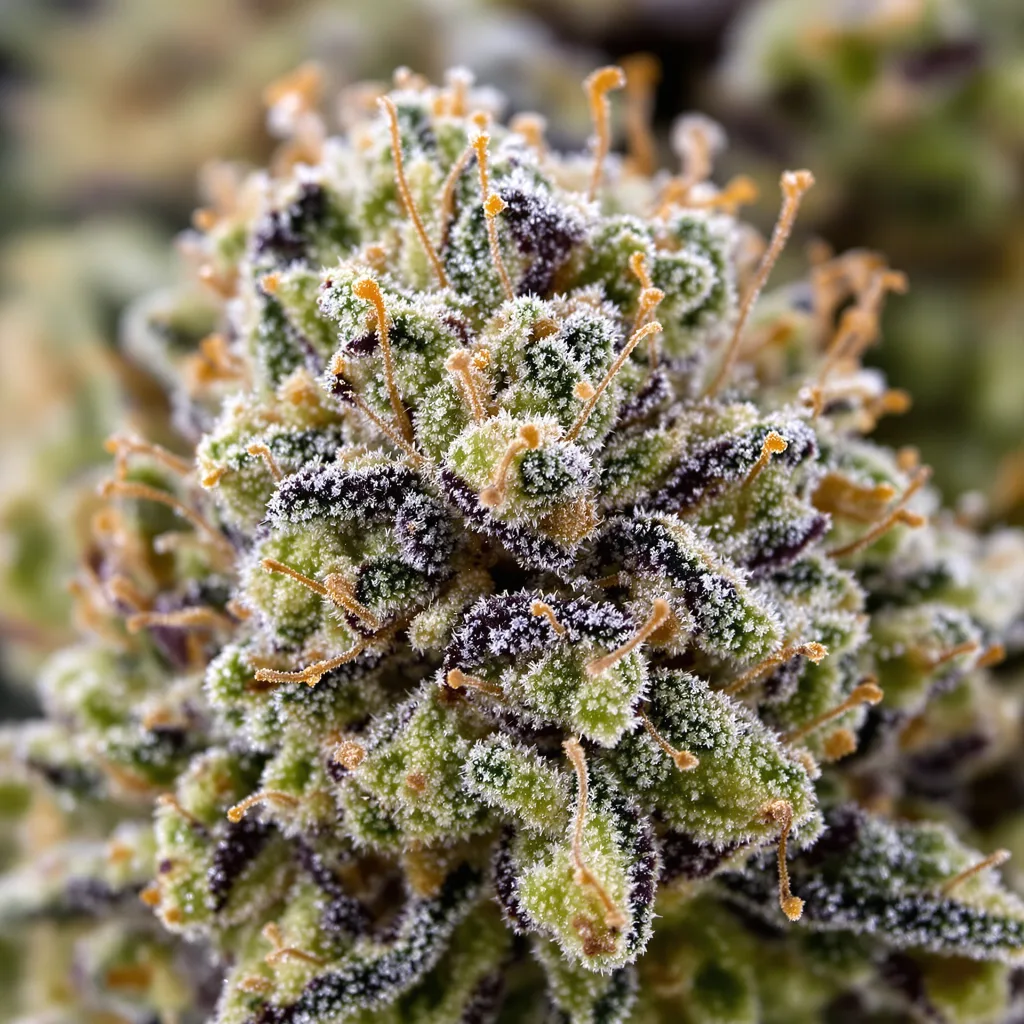 Gros plan de fleur de cannabis Mendo Breath montrant nugs denses vert forêt