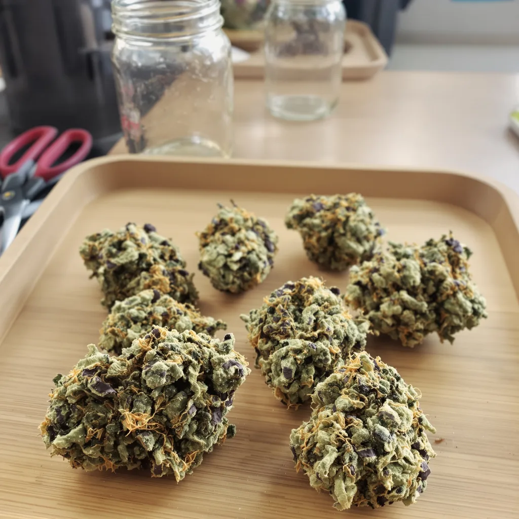 Mendocino Purps 62% indica / 38% sativa — fleur avec trichomes visibles