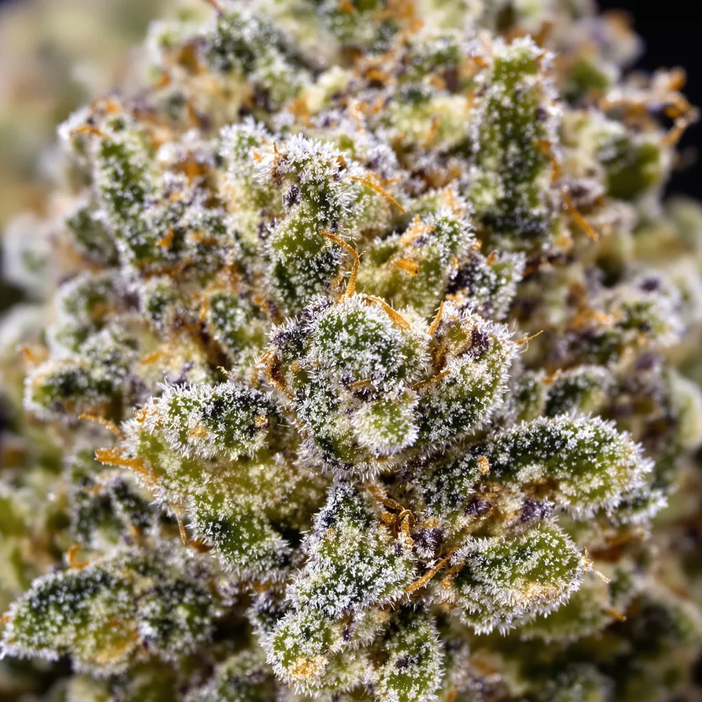 Gros plan de fleur de cannabis Mendocino Purps montrant nugs denses vert forêt