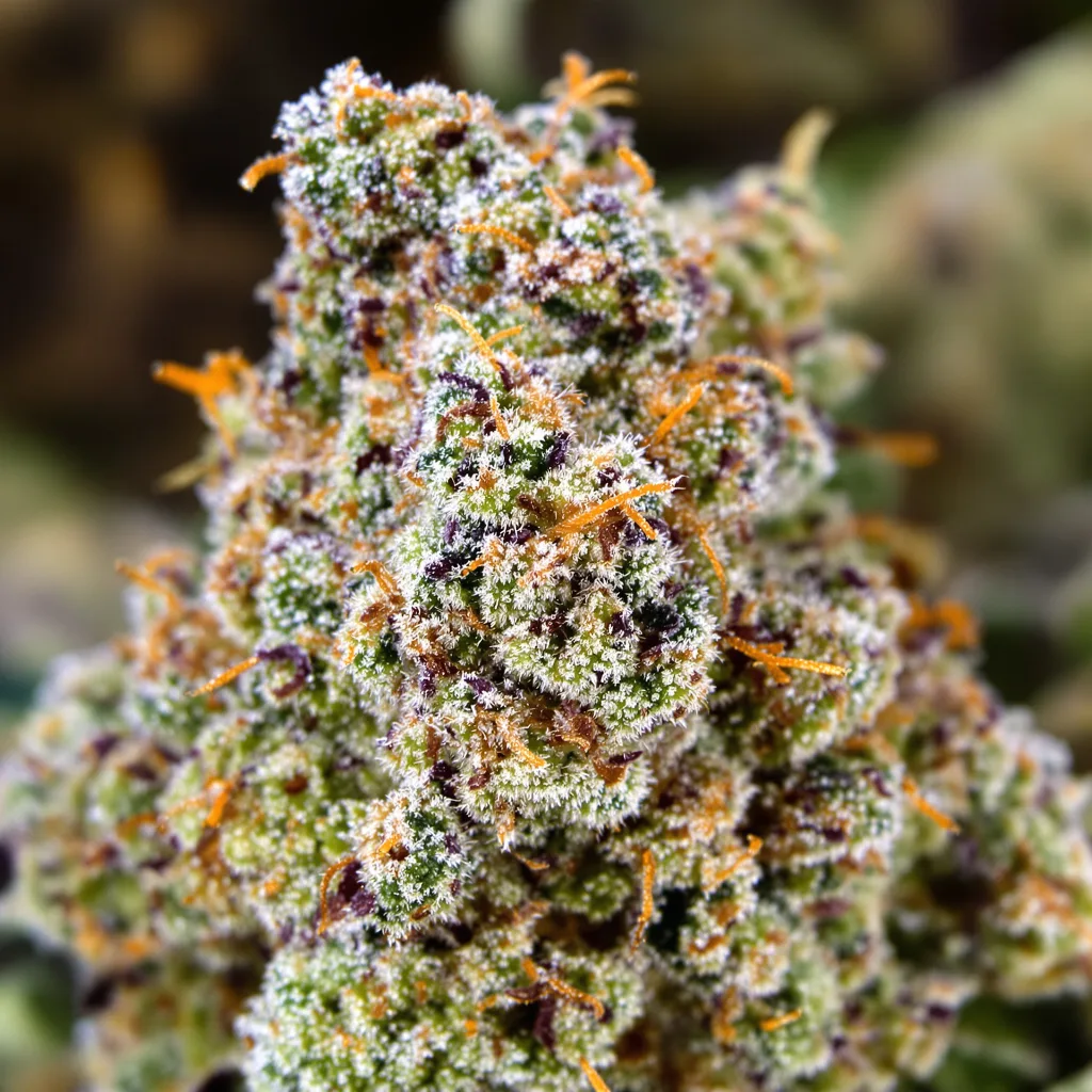 Gros plan de fleur de cannabis Merlot OG montrant structure ouverte avec pistils orangés