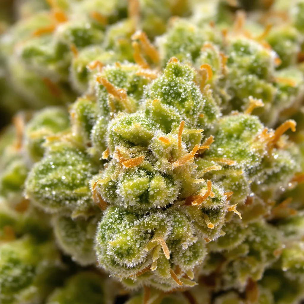 Gros plan de fleur de cannabis Mexican Haze montrant structure aérée vert lime