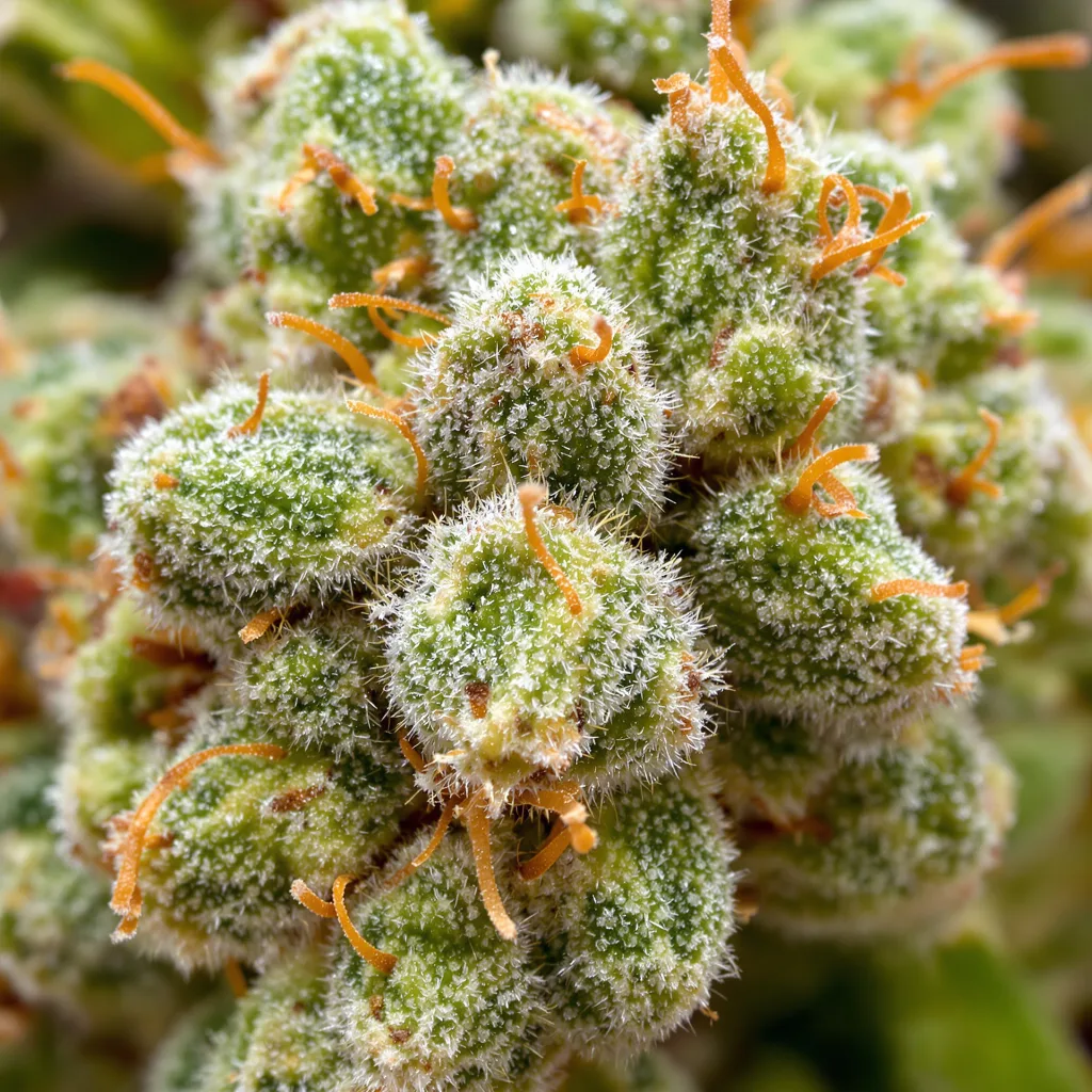 Gros plan de fleur de cannabis Mickey Kush montrant structure aérée vert lime
