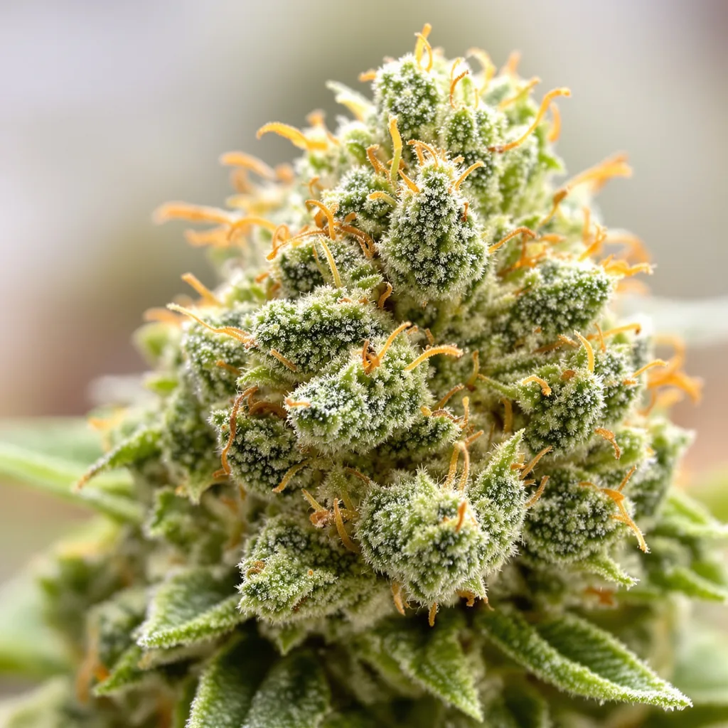 Gros plan de fleur de cannabis Mickey Kush montrant structure aérée vert lime