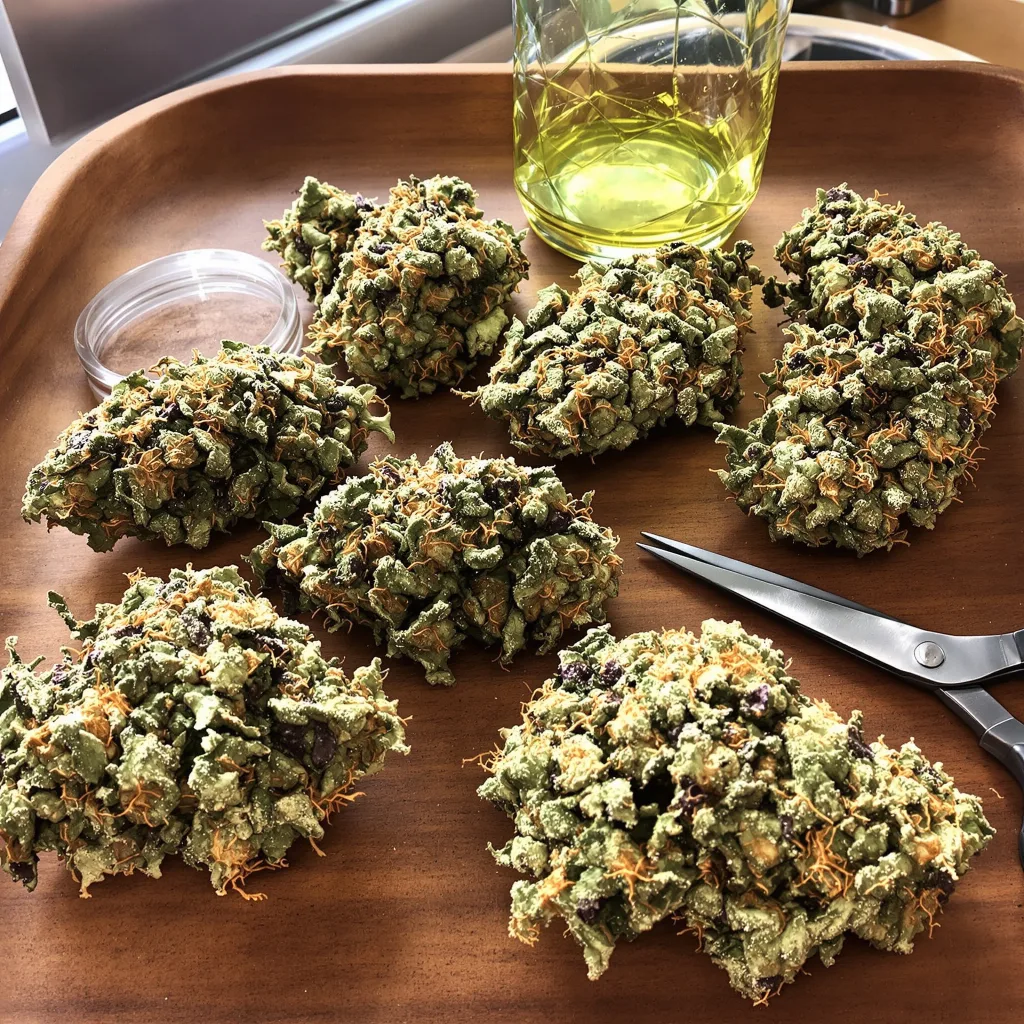 Midnight 40% indica / 50% sativa — fleur avec trichomes visibles