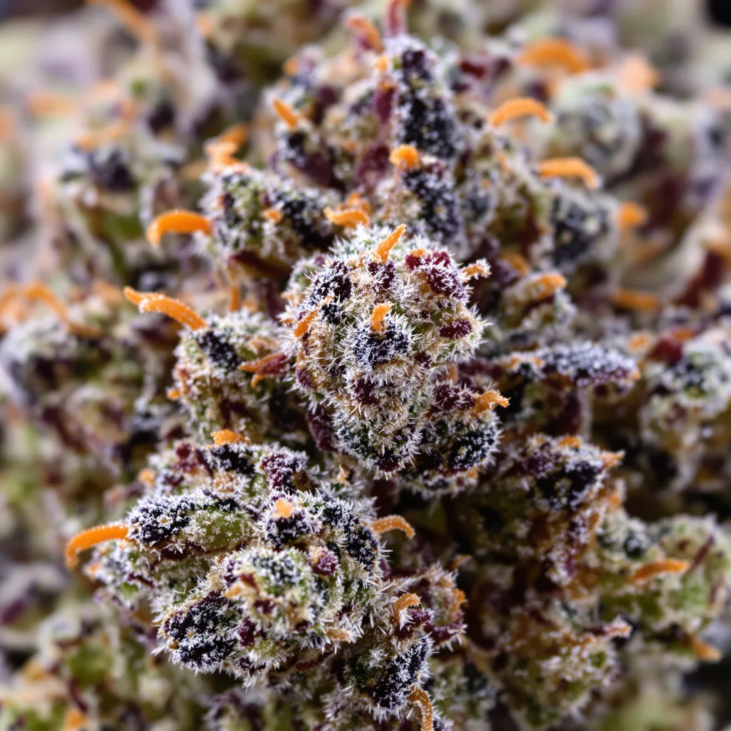 Gros plan de fleur de cannabis Milky Way montrant calices denses aux reflets violets