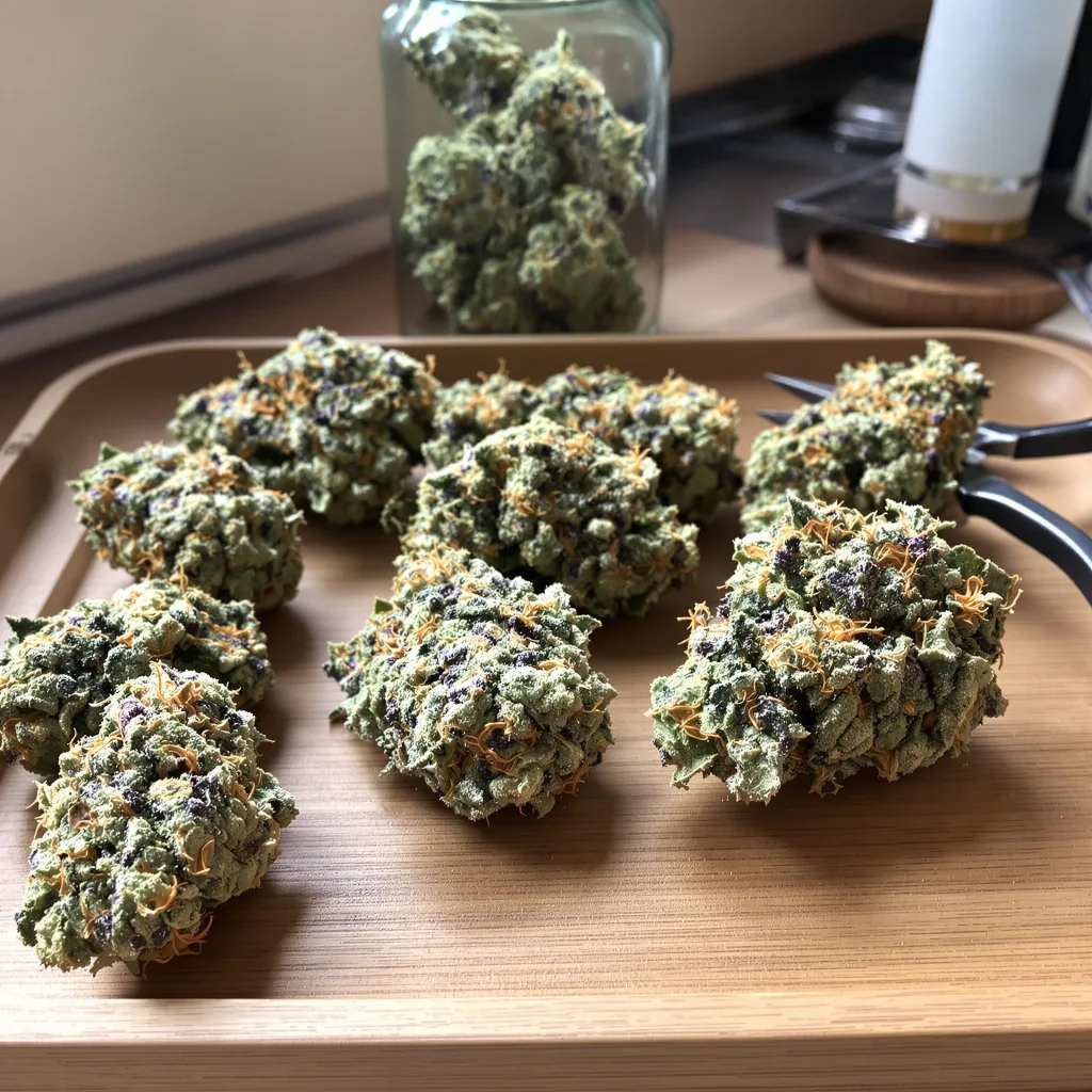 Millennium 48% indica / 52% sativa — fleur avec trichomes visibles