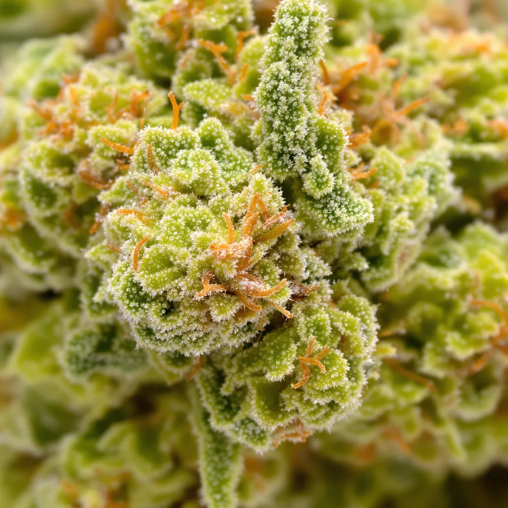 Gros plan de fleur de cannabis Mimosa montrant structure aérée vert lime