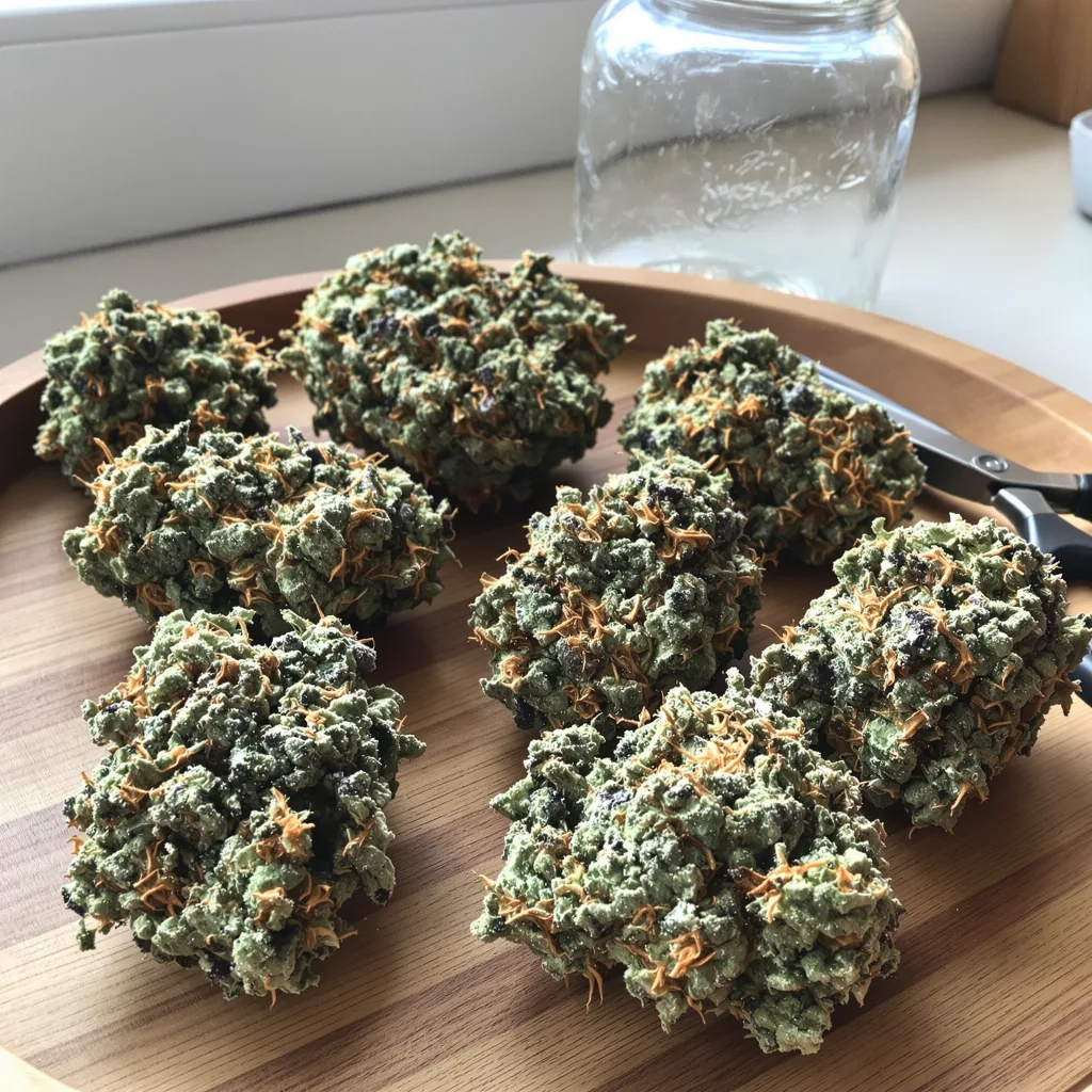Mint Chocolate Chip 36% indica / 64% sativa — fleur avec trichomes visibles