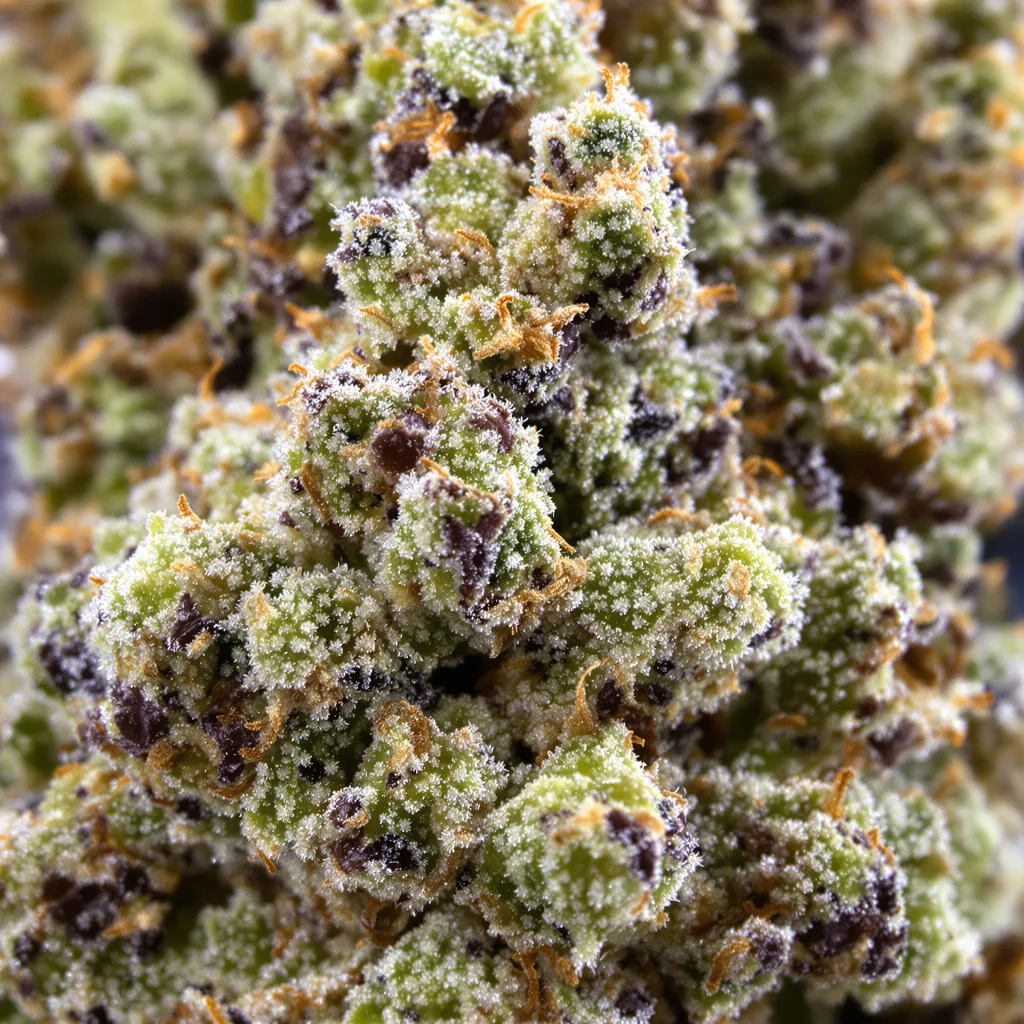 Gros plan de fleur de cannabis Mint Chocolate Chip montrant structure ouverte avec pistils orangés