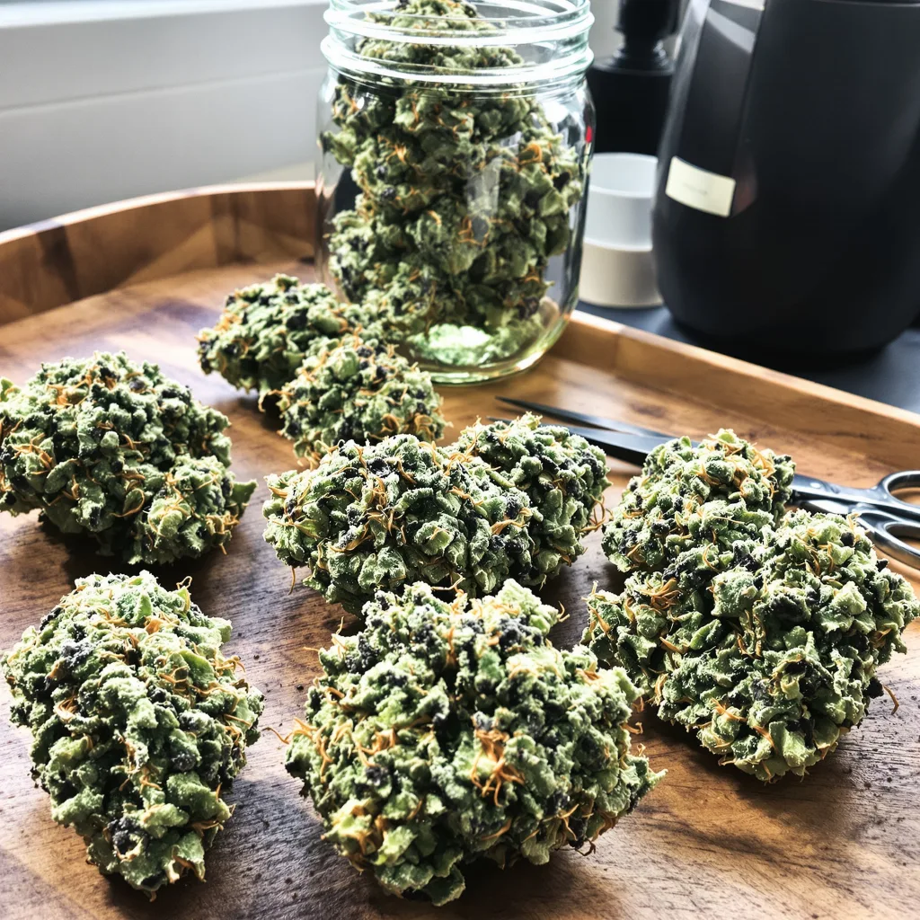 Mint Chocolate Chip 36% indica / 64% sativa — fleur avec trichomes visibles