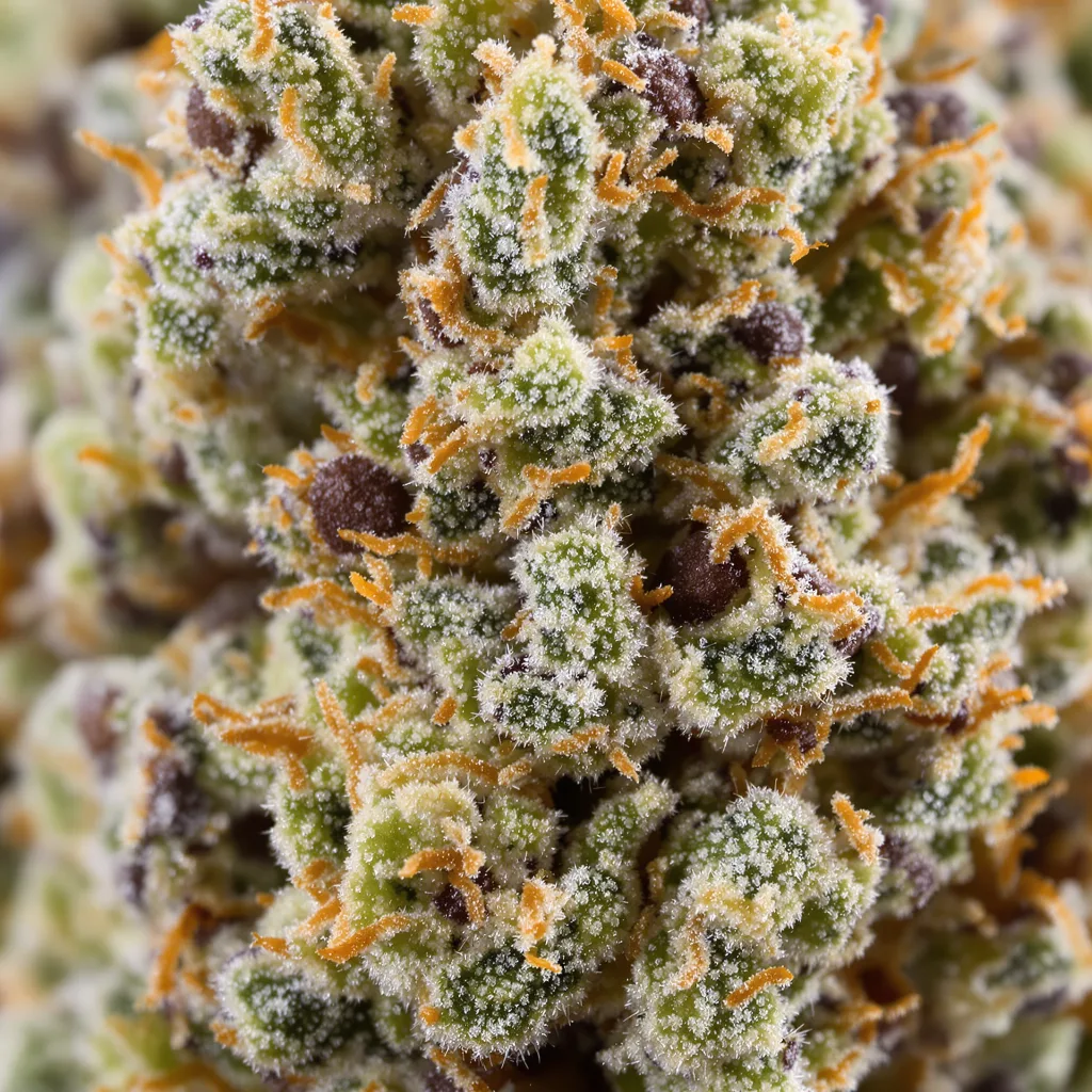 Gros plan de fleur de cannabis Mint Chocolate Chip montrant structure ouverte avec pistils orangés